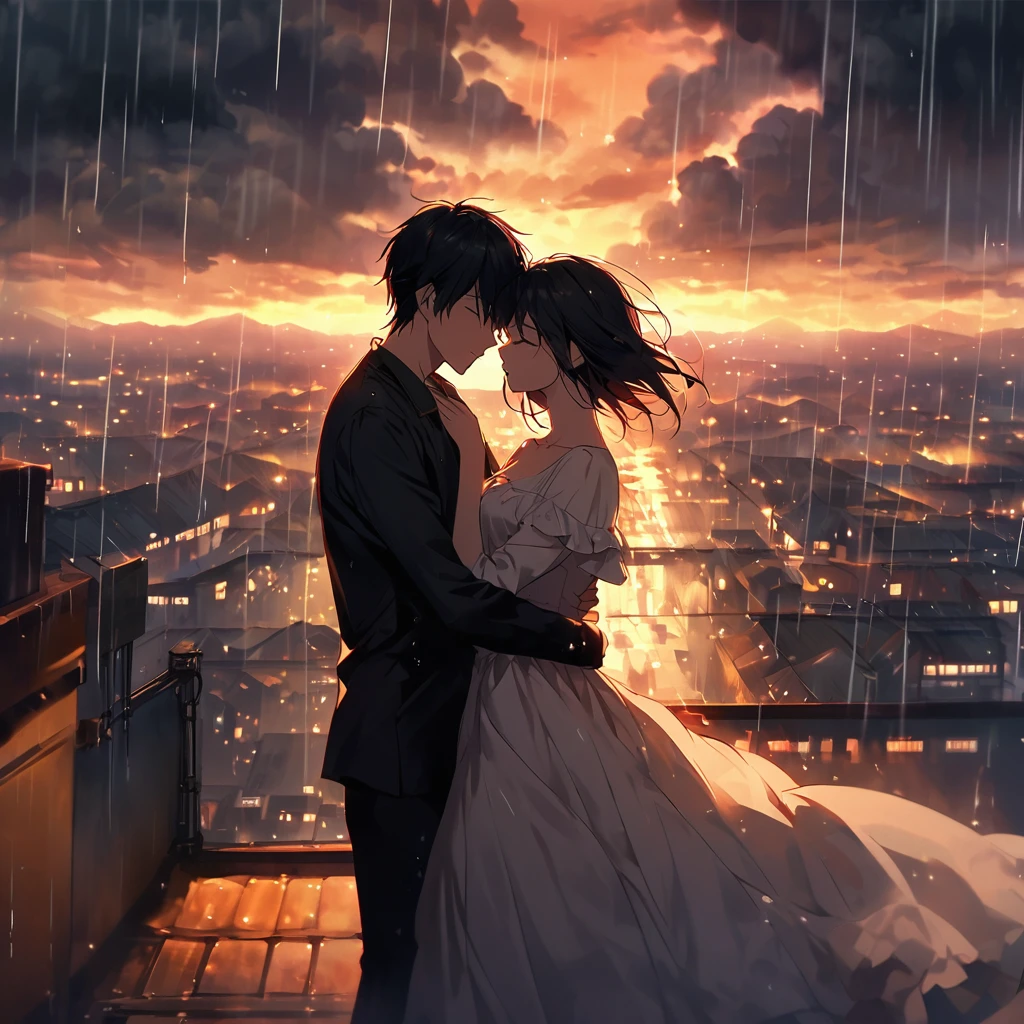 "Create a romantic scene where a couple is standing in an embrace on a rooftop during a rainstorm. Above them, dark clouds form a heart shape, with a city skyline visible in the background. The atmosphere should be both dramatic and intimate, with warm hues of the setting sun casting a soft glow on the couple, contrasting with the dark, stormy sky. The rain should add a sense of melancholy and romance, as if the world around them fades away, leaving only the couple in their own moment of love."