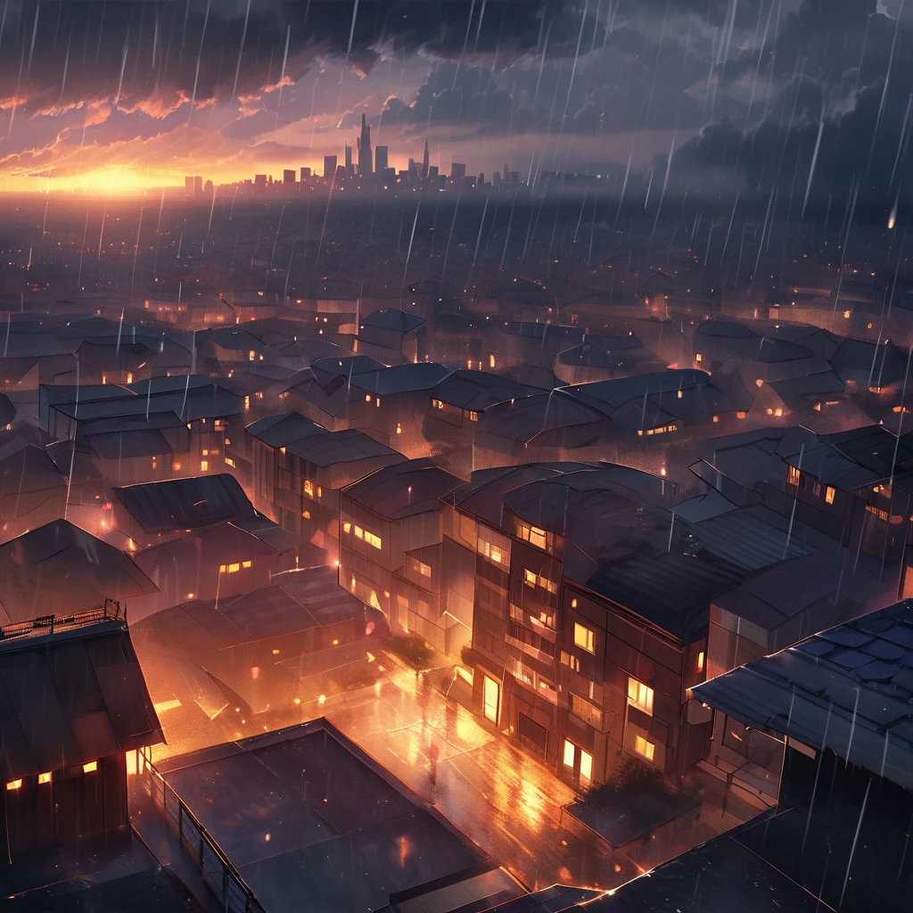 "Create a romantic scene where a couple is standing in an embrace on a rooftop during a rainstorm. Above them, dark clouds form a heart shape, with a city skyline visible in the background. The atmosphere should be both dramatic and intimate, with warm hues of the setting sun casting a soft glow on the couple, contrasting with the dark, stormy sky. The rain should add a sense of melancholy and romance, as if the world around them fades away, leaving only the couple in their own moment of love."