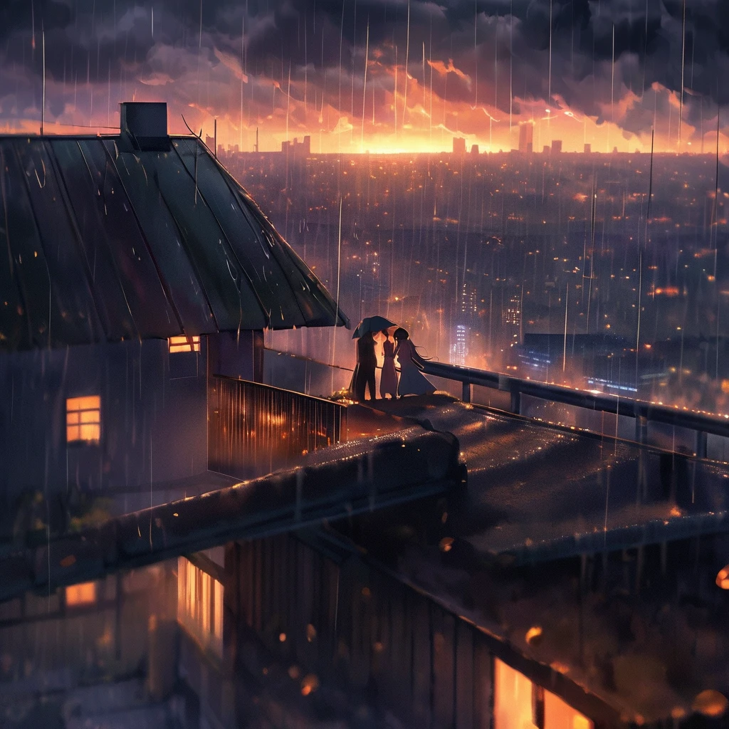 "Create a romantic scene where a couple is standing in an embrace on a rooftop during a rainstorm. Above them, dark clouds form a heart shape, with a city skyline visible in the background. The atmosphere should be both dramatic and intimate, with warm hues of the setting sun casting a soft glow on the couple, contrasting with the dark, stormy sky. The rain should add a sense of melancholy and romance, as if the world around them fades away, leaving only the couple in their own moment of love."