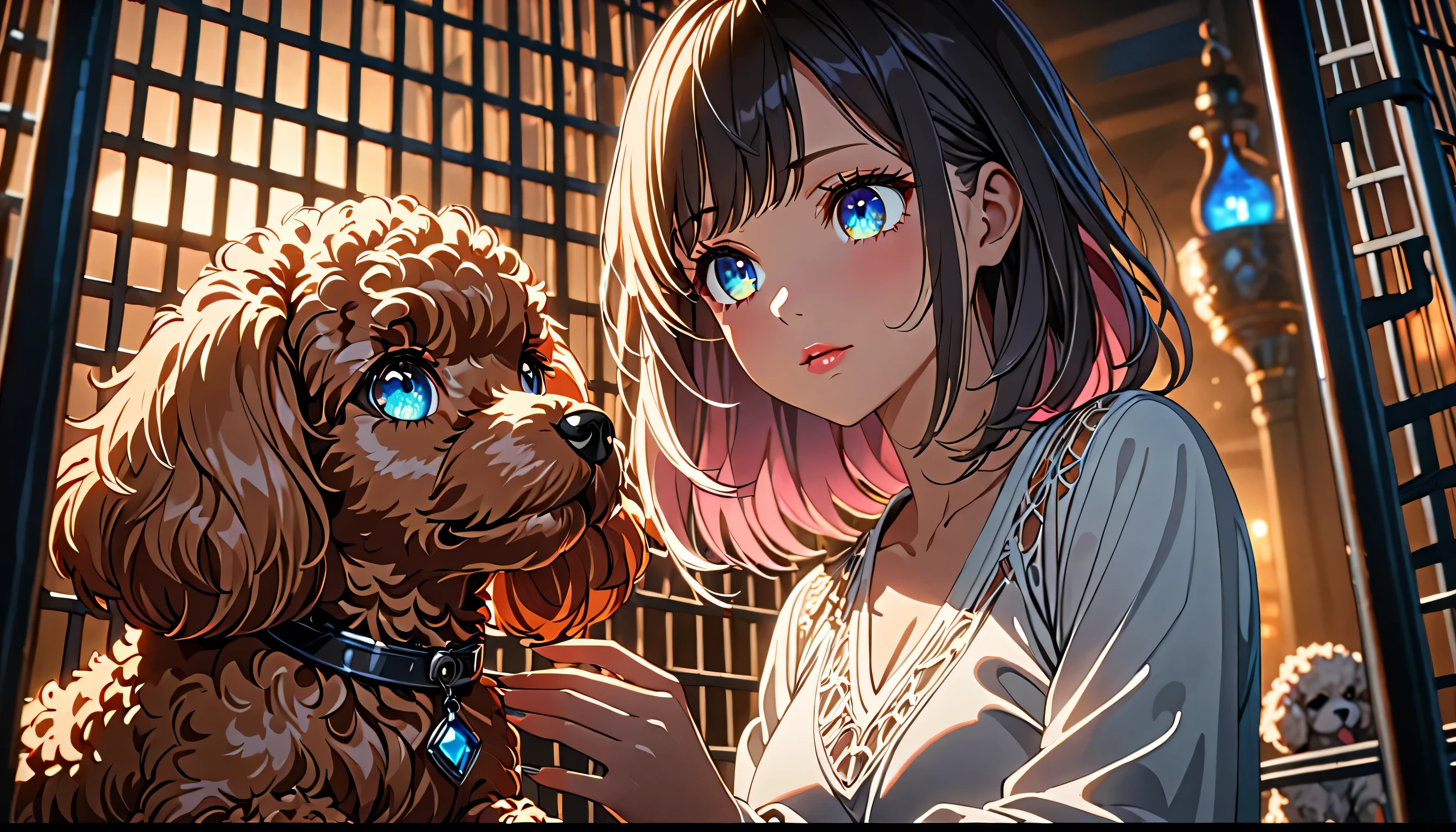 a girl kneeling in front of a dog cage, reaching her hand towards a toy poodle, staff watching nearby, detailed facial features, beautiful detailed eyes, beautiful detailed lips, extremely detailed eyes and face, long eyelashes, v-neck white clothes, intricate details, cinematic lighting, highly detailed, animetic, 8k, masterpiece, (best quality,4k,8k,highres,masterpiece:1.2),ultra-detailed,(animetic:1.37), vibrant colors, dramatic lighting, refined, breathtaking, stunning, awe-inspiring