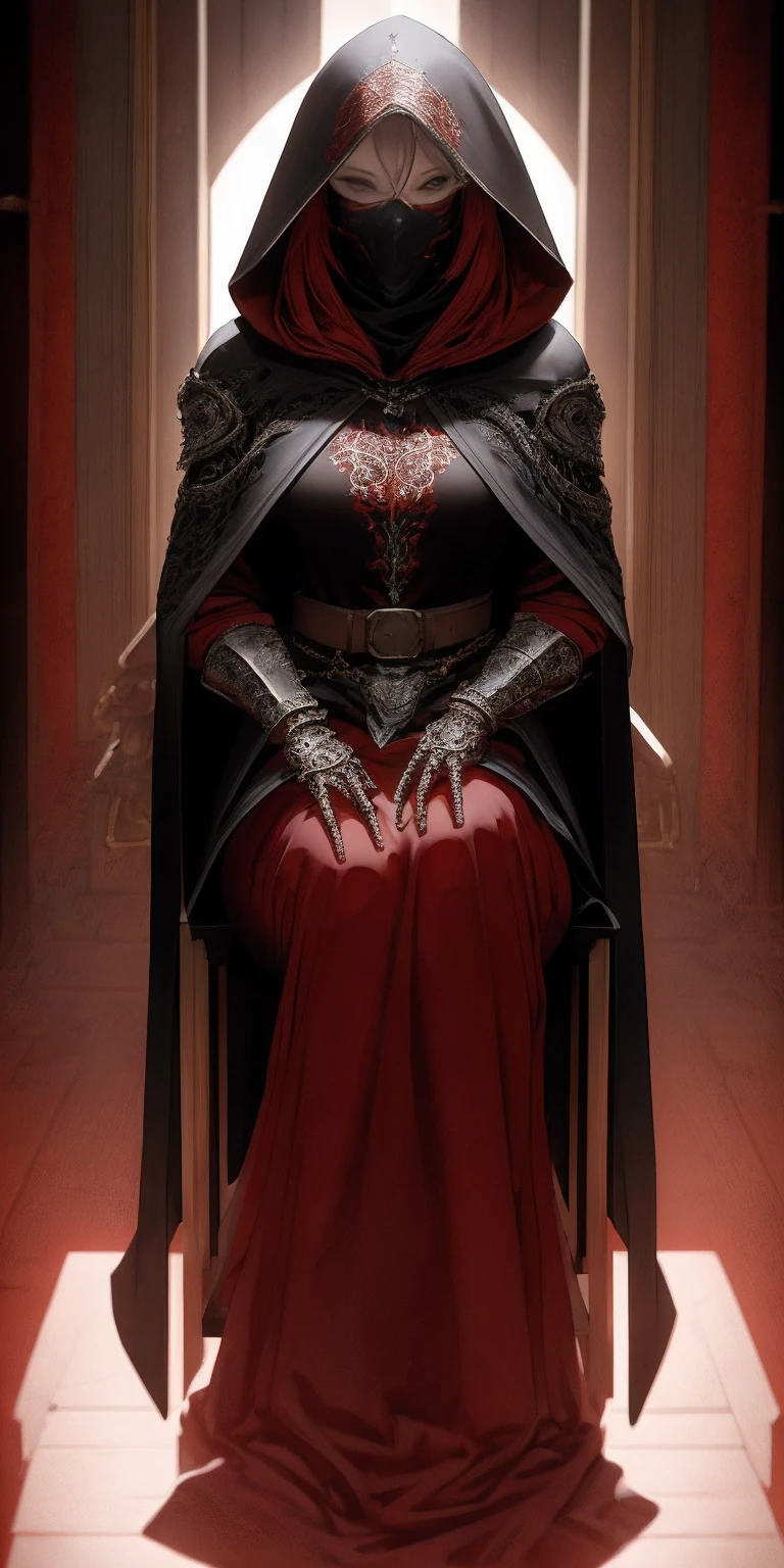 (masterpiece, Best Quality, absurd, 4k, Aesthetic, detailed, Intricate, perfect lighting) cinematic angle, 1solitaria, Sitting on the throne, elbow rest, castle interior, face mask, hood, layer, belt, armor, Cloak, red gloves gauntlets, corona