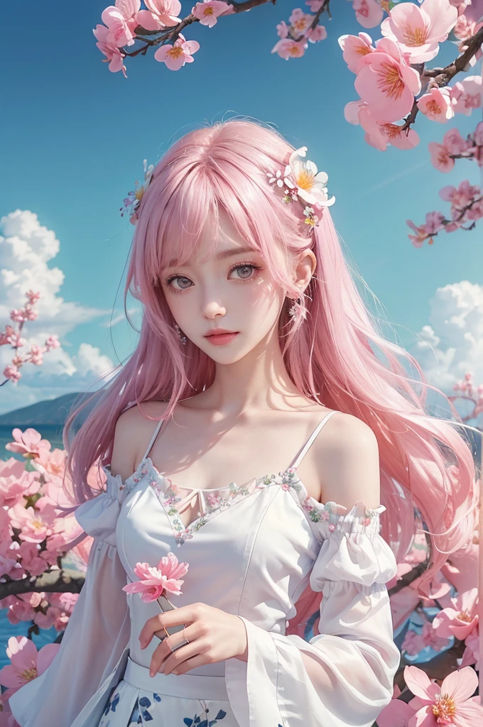 cherrie_开florals, case_florals petal, florals petal, branch, Pink_florals, 1 girl,20yr old, Blue_Skysky, springtime_\(seasShow on the\), florals petal_Show on the_liquids, florals, florals, a skirt, (LShow on theg curly blShow on thede hair:1.5), Wear florals ring, externalsk,Cloudy bangs,ssmile,a Pink eyes,White a skirt embellished with cherrie 开florals,shoulder,ear nipple ring,Best quality。perfect image quality。fail_florals,wind,that tree,lookingat_Show on the_peeping at the viewer,cow boy shot,Detail Enhancement。