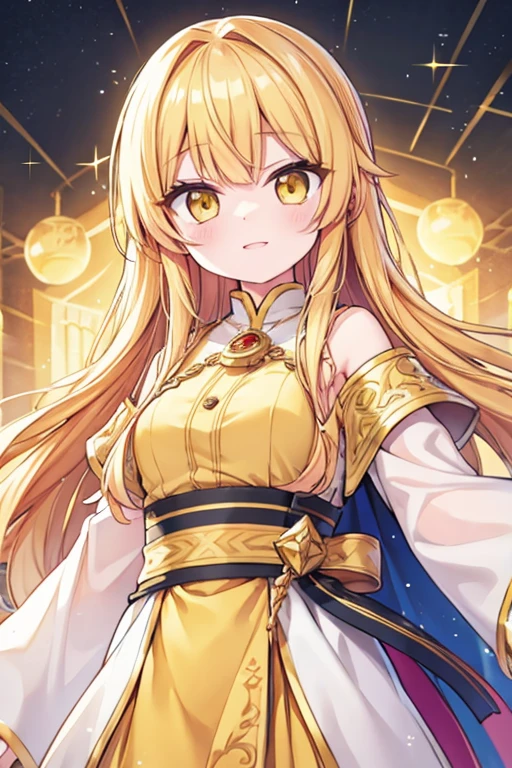 Kizi, flowing golden blonde hair, yellow  eyes, golden imperial clothing, neckleace, アニメ, the background is a clear sky with twinkling lights, dynamic angle, arrogant laugh