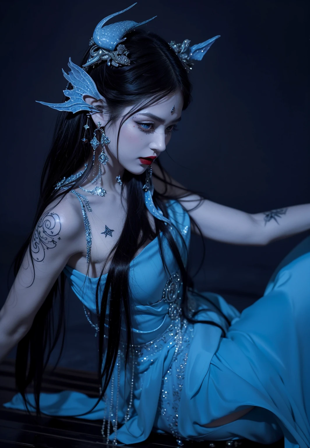 Detailed image quality，Witch Pandora，wing, Succubus Theme，堕落Angel，Excellent，scary，Secret Terror，Tentacles，With eyes，Uncanny Valley Effect，Beast Blood Moon，skeleton，vampire，Hellfire，Dark Queen，Angel，magician magic witch，16岁Angel，Eyes are blue(Pupils as deep as the starry sky)，Gorgeous tattoo designs all over the body，Surreal photos(8K picture quality，Rich in details)，Dark eyeshadow，Sexy thick lips(Red lipstick)，Tattoo designs on body，Dark Queen，Wear luxurious gold jewelry，Sparkling diamond gemstone，breasts   symmetrical，sit on the floor