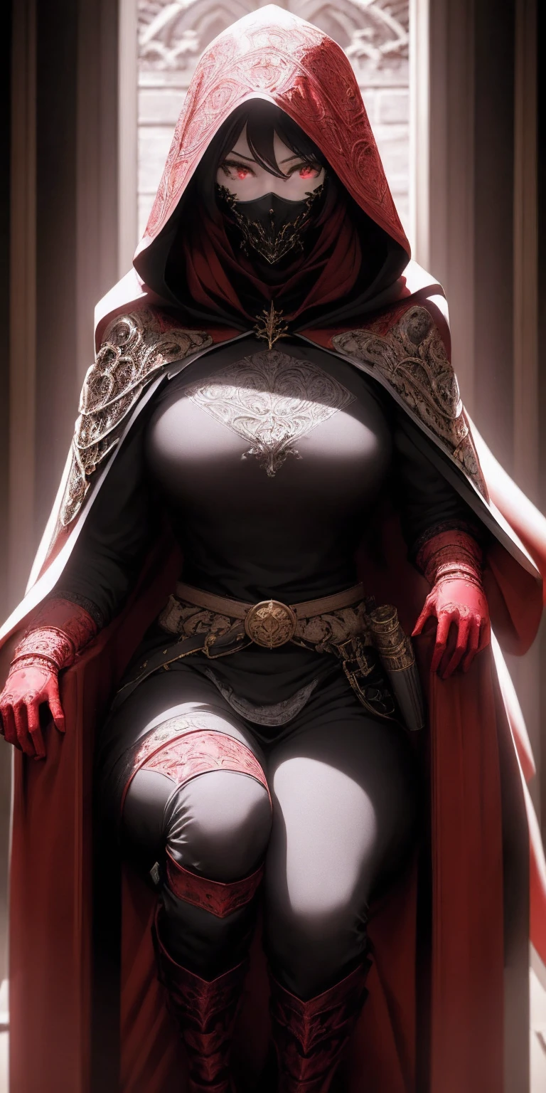 (masterpiece, Best Quality, absurd, 4k, Aesthetic, detailed, Intricate, perfect lighting) cinematic angle, 1solitaria, Sitting on the throne, elbow rest, castle interior, face mask, hood, layer, belt, armor, Cloak, red gloves gauntlets, corona
