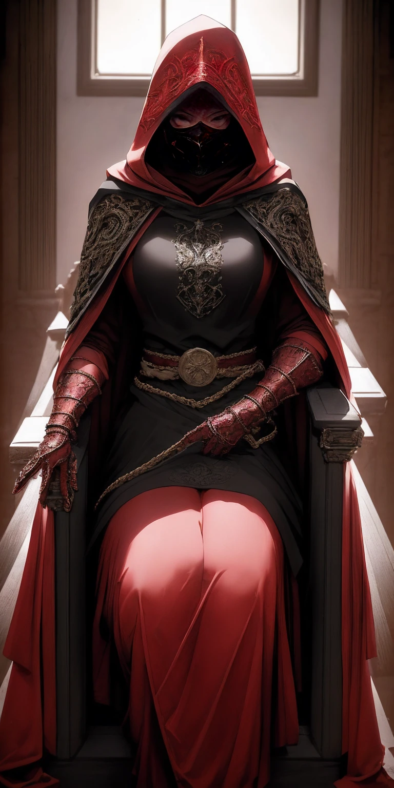 (masterpiece, Best Quality, absurd, 4k, Aesthetic, detailed, Intricate, perfect lighting) cinematic angle, 1solitaria, Sitting on the throne, elbow rest, castle interior, face mask, hood, layer, belt, armor, Cloak, red gloves gauntlets, corona