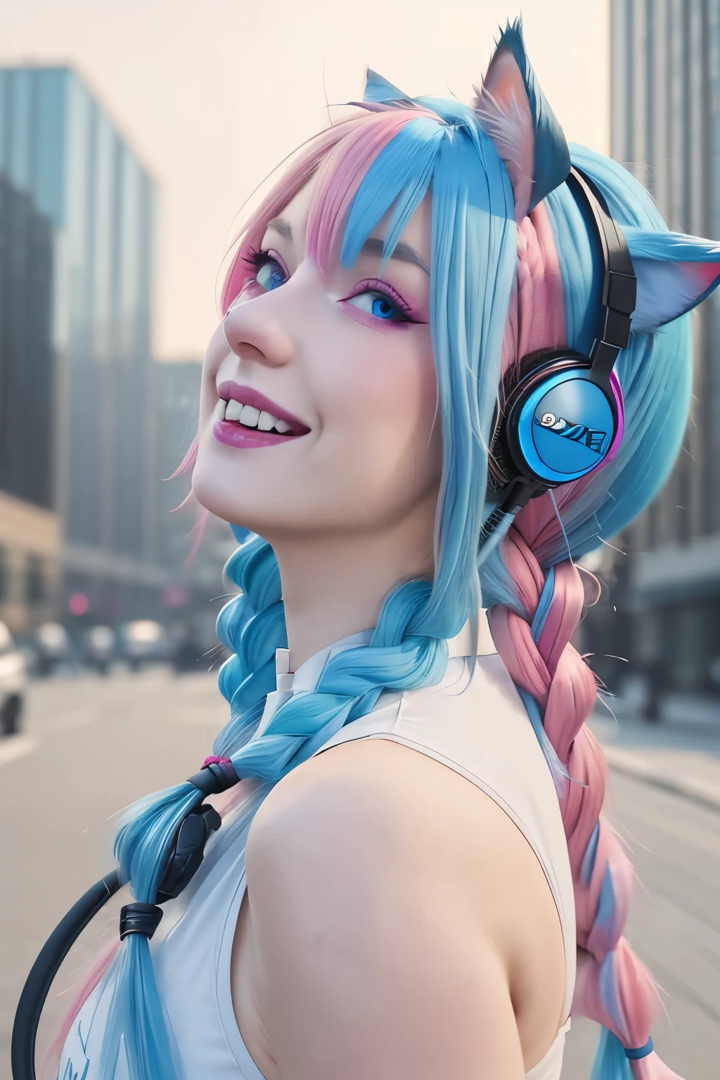 1 garota, coxas grandes, bunda grande, seios grandes, pose sexy, postura sexy, calça comprida, top branco, salto alto, multicolored hair, light blue hair, pink hair, long hair, twin braids, amber eyes, cat ear headphones, makeup, grin, cinematic lighting, high detail, wide shot, UHD, anatomically correct, super detail, high details, high quality, highres, best quality, 8k