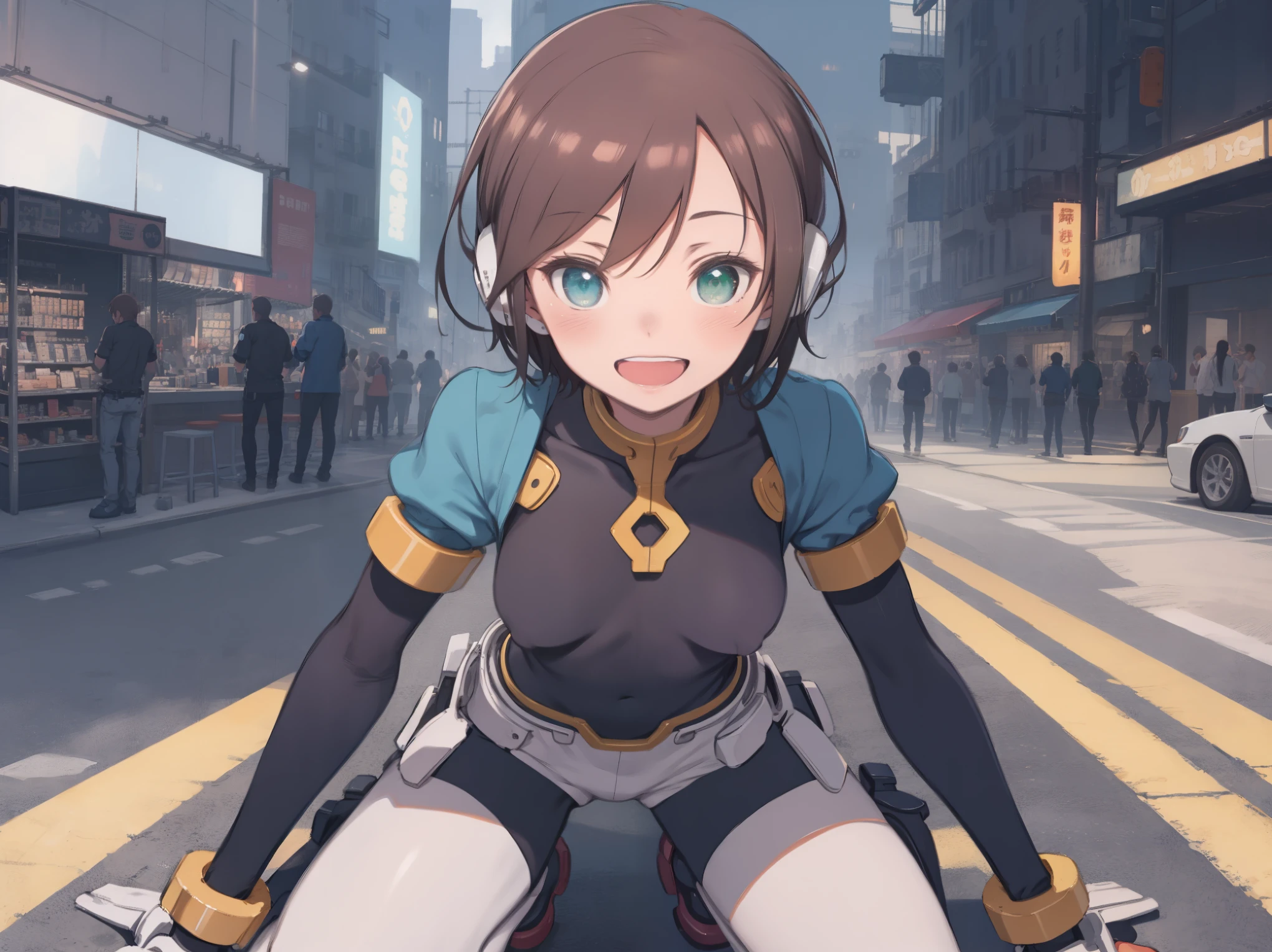 aile_megamanzx, kneeling with one hand on the ground and the other arm raised, 1girl, solo, short hair, brown hair, short sleeves, (bodysuit), robot ears, green eyes, short_shorts, short sleeves, short over long sleeves, smile, in futuristic_city_landscape, , high quality, medium_breasts,crotch, slouch,(covered_nipples:0.6), laugh,smile,open_mouth.