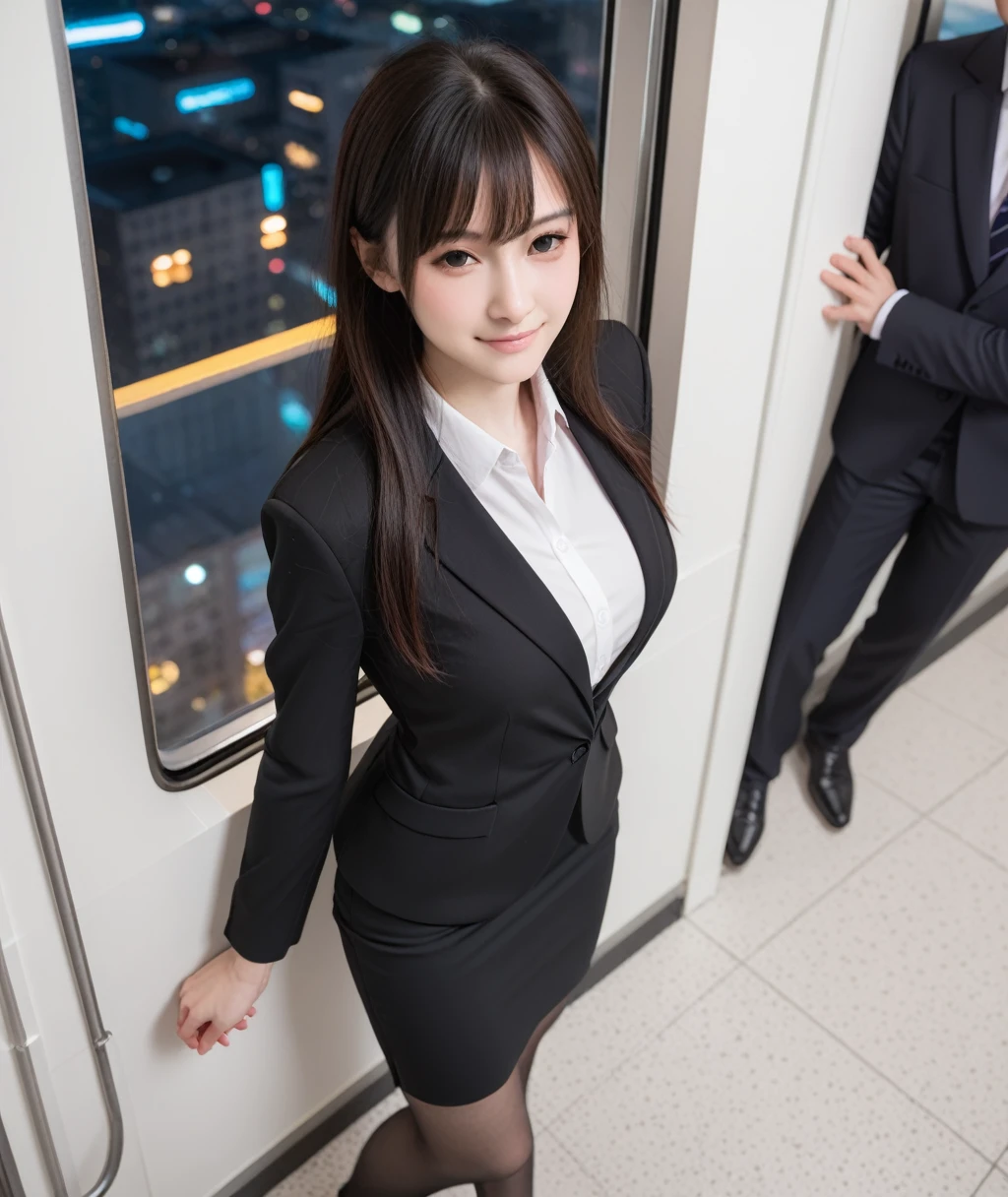 score_9, score_8_up, score_7_up, uncensored, realistic, in train, tokyo, (at night:1.2), (from above:1.3),
1girl, cute, japanese, black hair, long hair, bangs, half closed eyes, closed mouth, naughty face, (large breasts), 
(business suit:1.2), office_uniform, (black suit:1.3), white shirt, pencilskirt, pantyhose, (microskirt:1.2),
sitting on train long seat,  