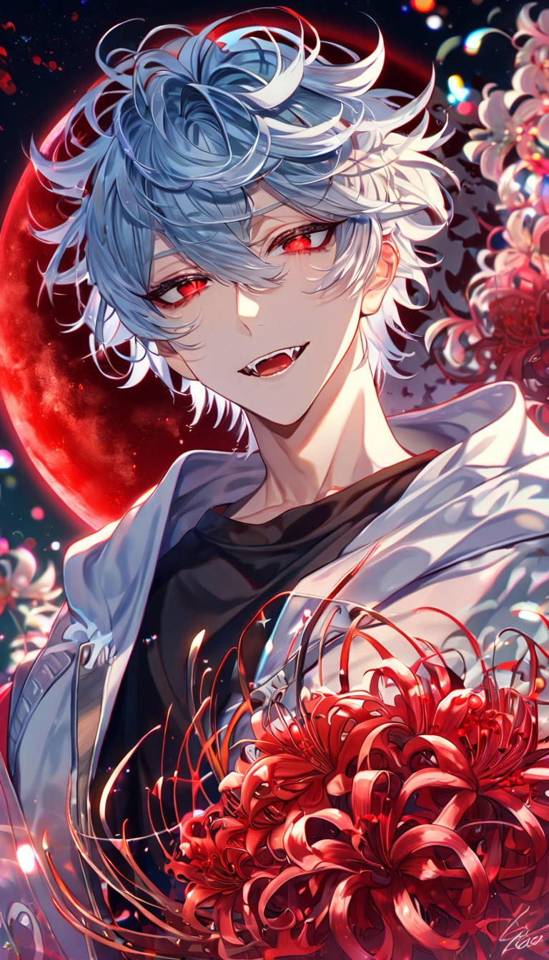 absurdres, highres, ultra detailed, HDR, master piece, best quality, extremely detailed, Kuro, light-blue hair, messy hair, expressive red eyes, Servamp, solo, sexy man, handsome, sensual, fangs, light blue hooded coat, black shirt, fantasy, red blood water, sparkling, red glittering fireflies, red moon, red blossoms, red spider lilies, red sparkling lights, starry sky, magical