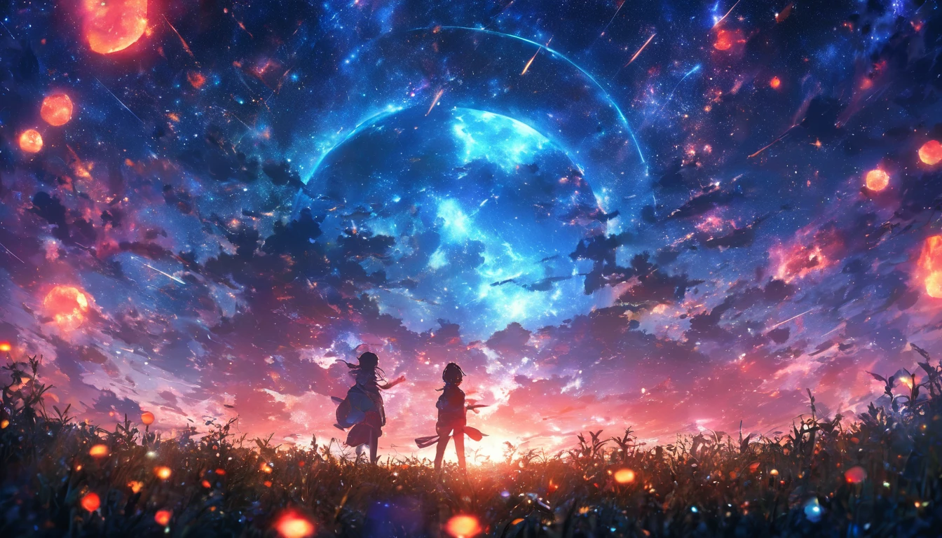 masterpiece, Concept Art, Panorama, center, shape, Wide-angle, garden, night, (meteor), Space galaxy background, (Great composition, Epic Scale), Dynamic Lighting, Bright colors, Blue rose, Black haired boy in landscape, Strong, round eyes, Accurate, Changes in hair color, Mole under the eye, Glowing Eyes, eyeball, sad, shading, Anaglyph, Three-dimensional, tachi-e, ass pov, Atmospheric perspective, Anime Style, chromatic aberration, Cinema Lighting, reflected light, 8k, Super detailed, Highest quality, Ultra-high resolution , Attention to detail, Skin Texture