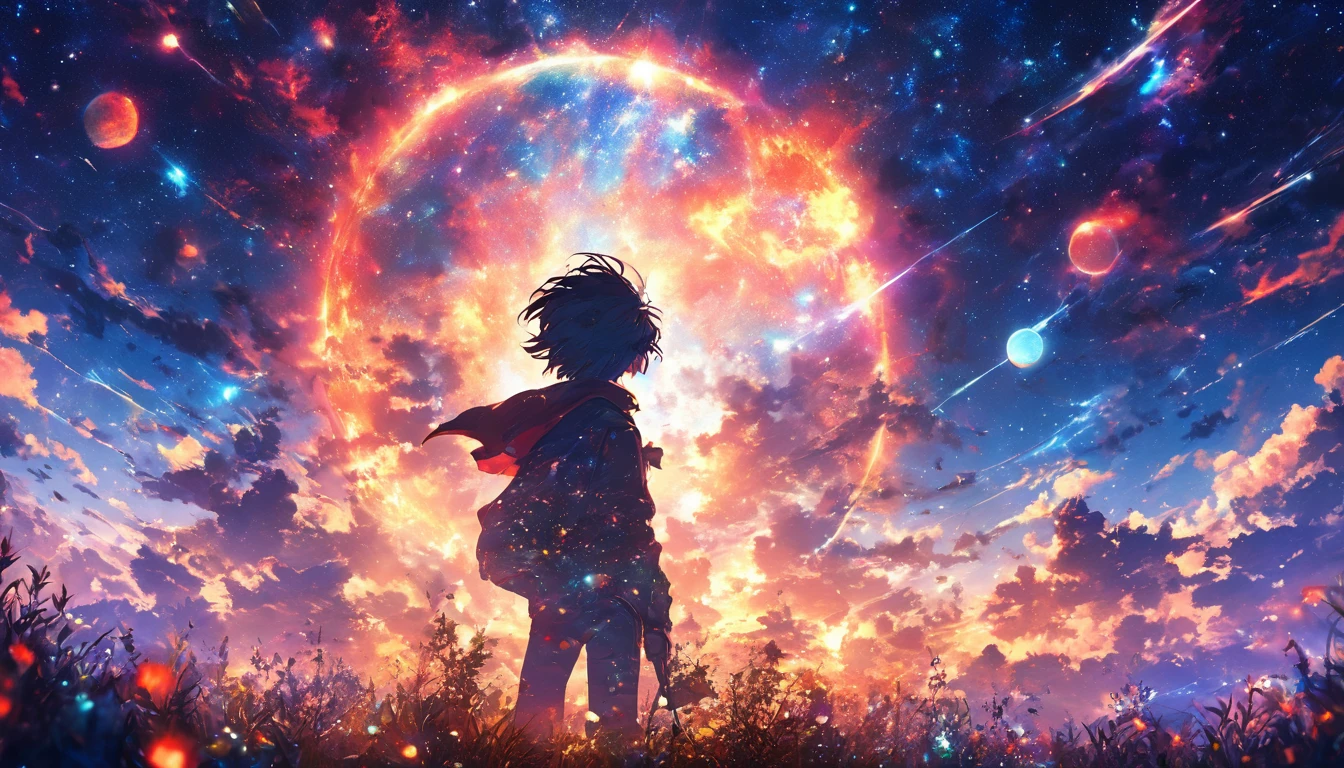 masterpiece, Concept Art, Panorama, center, shape, Wide-angle, garden, night, (meteor), Space galaxy background, (Great composition, Epic Scale), Dynamic Lighting, Bright colors, Blue rose, Black haired boy in landscape, Strong, round eyes, Accurate, Changes in hair color, Mole under the eye, Glowing Eyes, eyeball, sad, shading, Anaglyph, Three-dimensional, tachi-e, ass pov, Atmospheric perspective, Anime Style, chromatic aberration, Cinema Lighting, reflected light, 8k, Super detailed, Highest quality, Ultra-high resolution , Attention to detail, Skin Texture