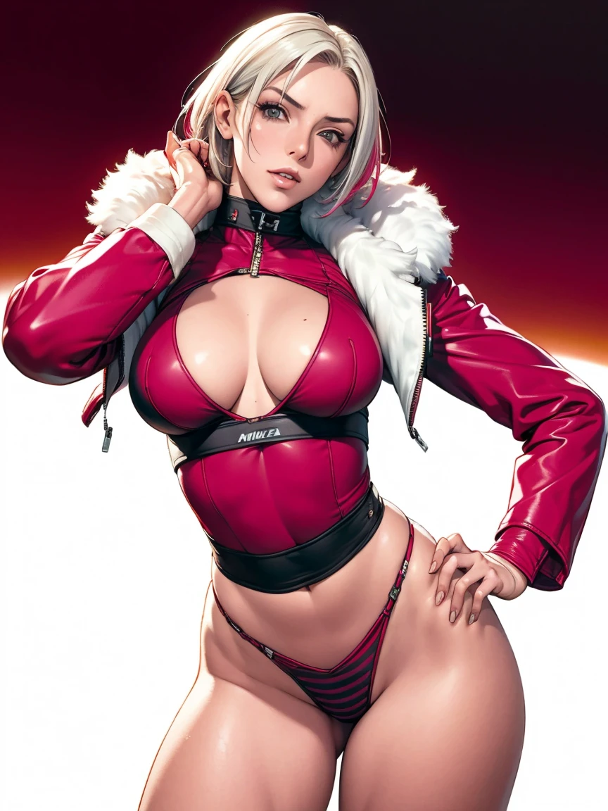 (((Annie Lennox))), (((colorful suit))), (scars), (((bandaged arms))), (((colorful clothes))) (( hood)), (((best qualityer: 1.4))), (Unbeatable masterpiece), (hiper HD),(CG 8k hyper-realistic), brave face, (((breasts big))), (((hyper feminine))), sexly girl, black tattoo,(ultra short red hair with white highlights)), ((( sculptural body ))), (((1 Kizi))), Kizi tatuada de 25 anos com perfectbody,,Beautiful and well-groomed face,muscular body:1.2,solid color detailed jacket, (Head to thigh photos), Complex equipment, ,Tight clothes,With white stars and off-white stripes,,,,,Armor Metal Electronic Parts, Poison tattoos ) INFO, Kizi, (((standing alone))), , 24歳, sexy, pose de atitude, work of art, post-apocalypse, (((manga style))), bounty hunter, the way you want, perfect body, roupa moderna, advanced technology, in red and black, fur collar jacket, sleeves with vertical striped pattern, background city, (( cowboy shot )). intricate visual, narrow waist, (((wide hips))), wide hips, fit thighs, (thigh gap), background shows a futuristic airplane