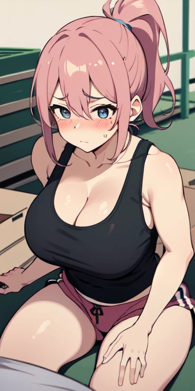 (Best quality:1.3), ponytail, round breasts, thighs, cleavage, tank top, sweatpants, (pov, blushing:1.2), warehouse background
