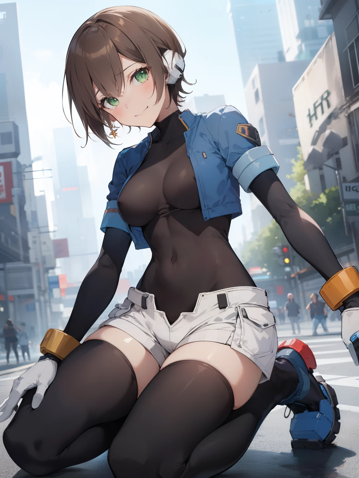 aile_megamanzx, kneeling with one hand on the ground and the other arm raised, 1girl, solo, short hair, brown hair, short sleeves, (bodysuit), robot ears, green eyes, short_shorts, short sleeves, short over long sleeves, smile, in futuristic city, , high quality, medium_breasts,crotch, slouch