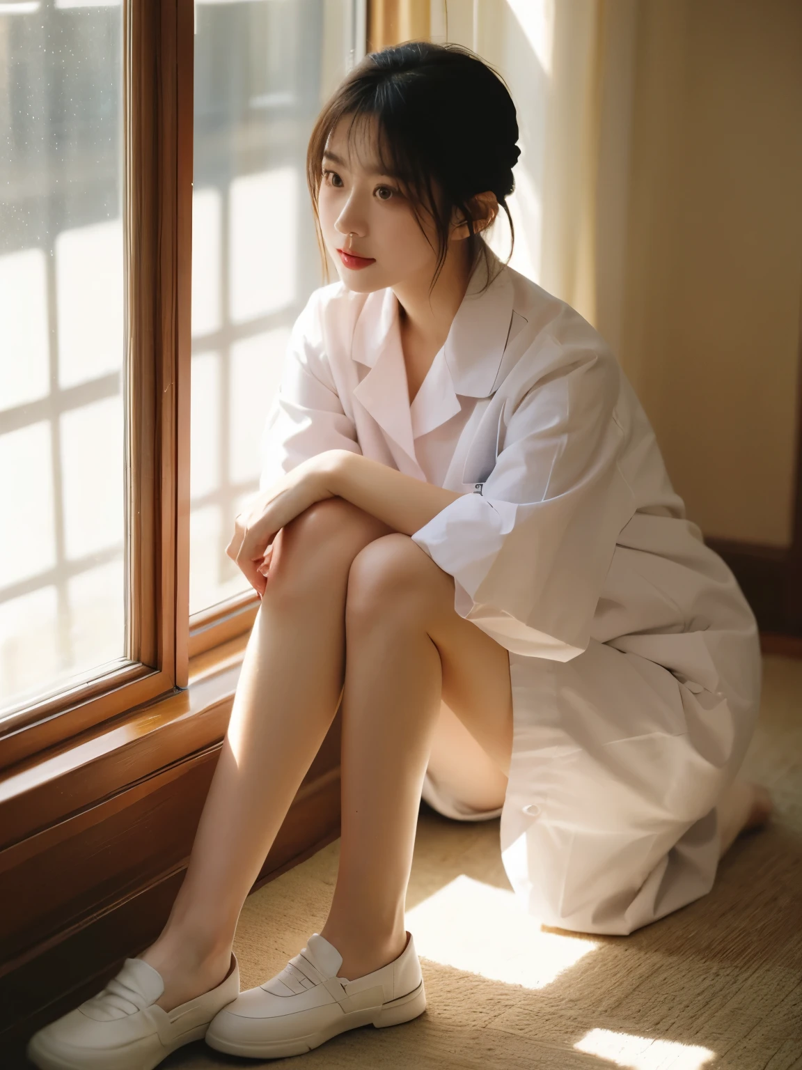 Face close, masterpiece, Ultra-high resolution, original photo, 1 girl, (Healer), (Healer帽), (Ward), nurse_uniform, Lovely,whole body, long legs, Energetic, Daylight Deep Shadows, Unobtrusive, A ray of sunlight shines on my face through the window, front, short hair,light,Top quality