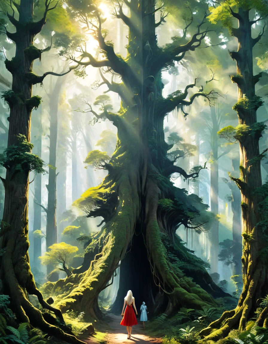 NSFW full figure image of a spiritual goddess woman with lean fit body and flowing white hair stands in a dense forest of enormous trees, between two trees she waits in front of a mystical gateway that is open and leading to a fourth dimensional garden, (beautiful:1.4), poster art, bold lines, hyper detailed, expressive,  award winning,  (scenery:1.4), (intricate details, masterpiece, best quality:1.4), looking at viewer, dynamic pose, wide angle view, spiraling 5th dimensional perspective 
