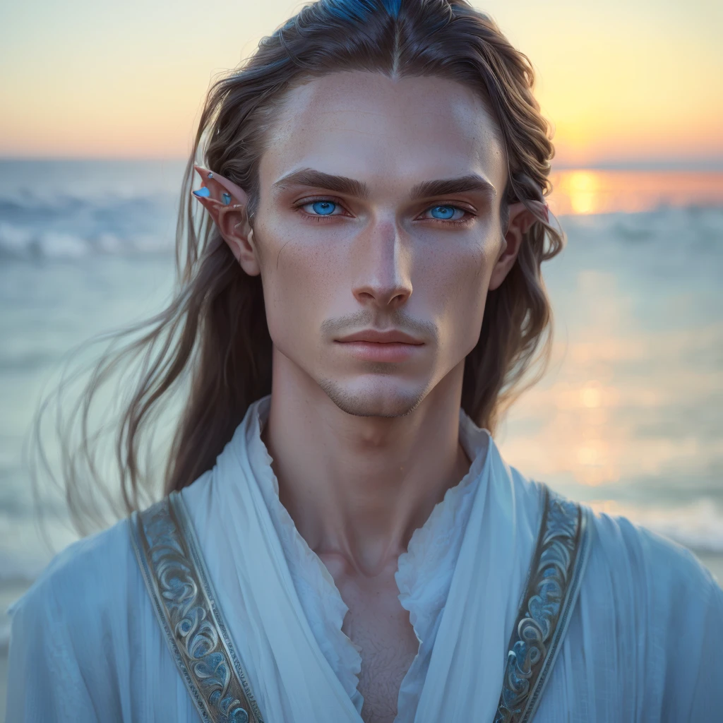 man with long hair and blue eyes standing on the beach, fantasy male portrait, soft portrait shot 8 k, portrait of a slender elven man, beautiful androgynous prince, a portrait of a male elf, attractive androgynous humanoid, delicate androgynous prince, beautiful male elf, close - up portrait shot, matte painting portrait shot