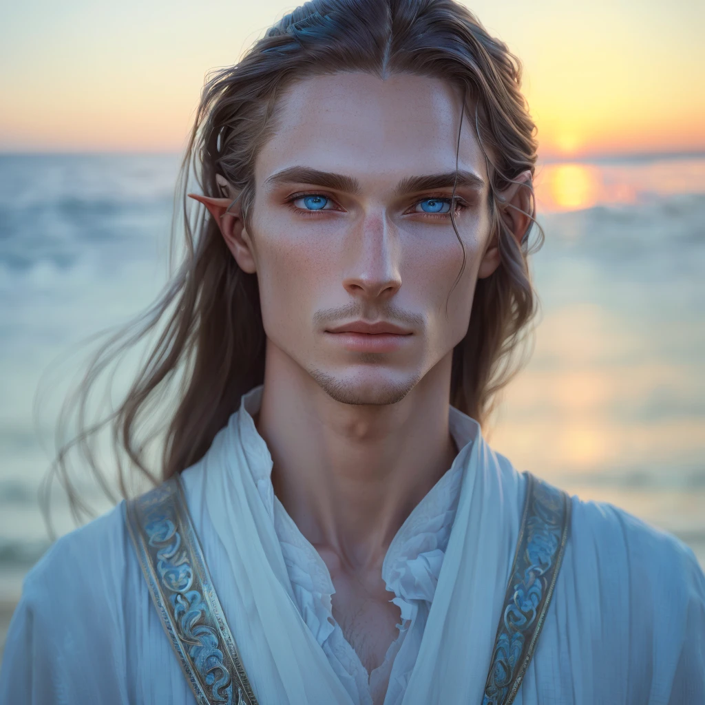 man with long hair and blue eyes standing on the beach, fantasy male portrait, soft portrait shot 8 k, portrait of a slender elven man, beautiful androgynous prince, a portrait of a male elf, attractive androgynous humanoid, delicate androgynous prince, beautiful male elf, close - up portrait shot, matte painting portrait shot