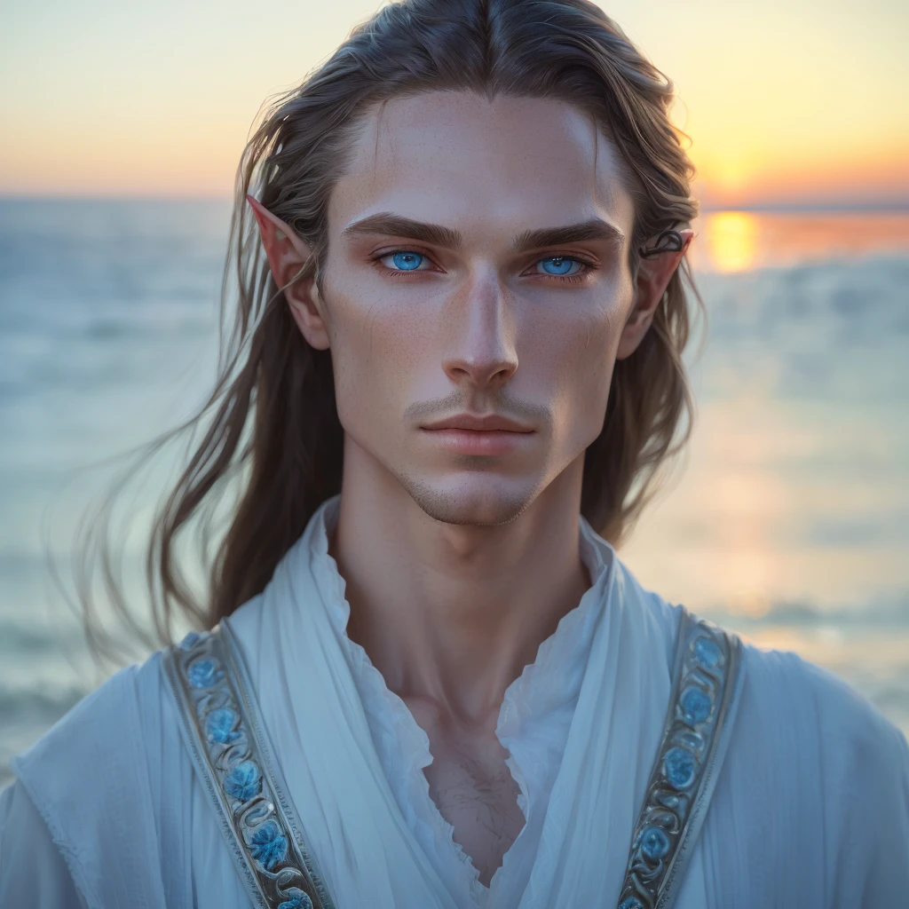man with long hair and blue eyes standing on the beach, fantasy male portrait, soft portrait shot 8 k, portrait of a slender elven man, beautiful androgynous prince, a portrait of a male elf, attractive androgynous humanoid, delicate androgynous prince, beautiful male elf, close - up portrait shot, matte painting portrait shot