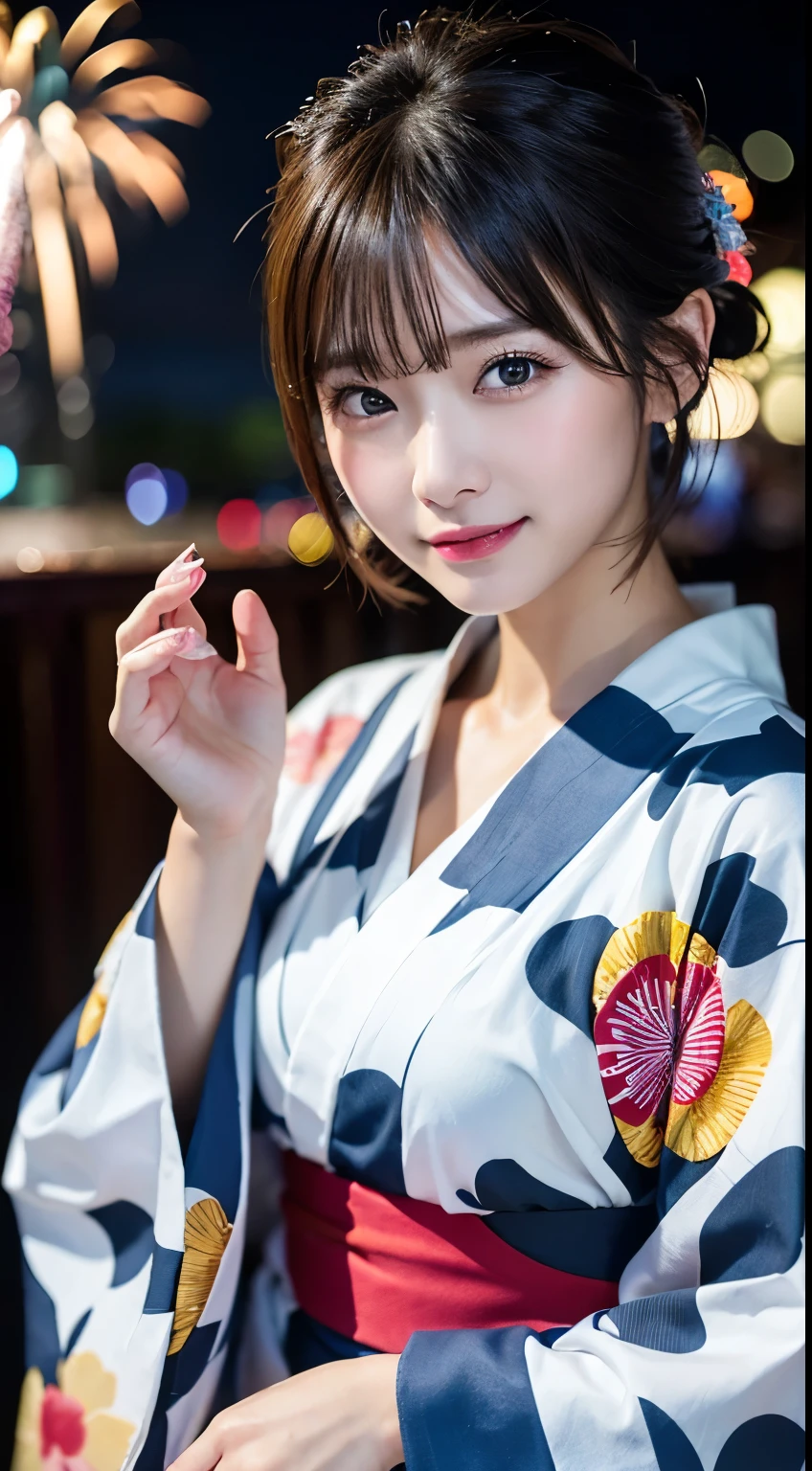 (8k、RAW Photosgraphy、Highest quality、masterpiece:1.2)、(Realistic、Realistic:1.37)、Ultra-high resolution、One Girl、cute、alone、night、Sitting、date、(Nose redness)、(Laughter:1.1)、(Closed)、Huge 、Beautiful Eyes、(short hair:1.2)、(((Fireworks bursting into the sky、night)))、(((kimono、yukata)))、Cleavage、Perfect body、Perfect Fingers、Professional Lighting、Japanese Goddess、gravure、Detailed face and skin texture、Detailed eyes、RAW Photos