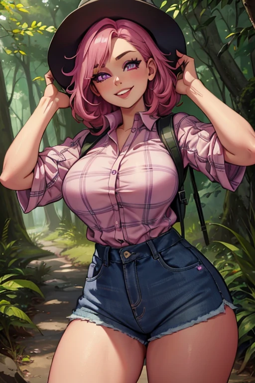Perfect face. Perfect hands. A pink haired woman with violet eyes and an hourglass figure wearing a Gothic plaid shirt and daisy dukes is hiking in the woods with a big smile.

