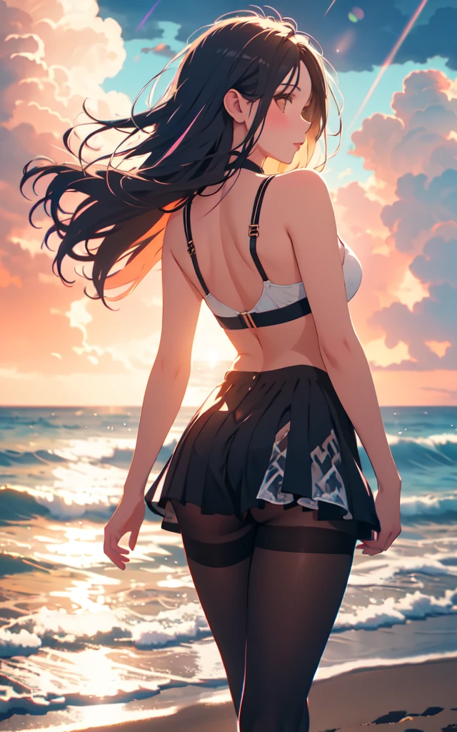 Beautiful and see-through summer outfits、Beautiful thighs、Beautiful pantyhose、Walking on a beautiful beach during a beautiful storm, Beautiful dark clouds, (Cowboy Shot:1.4), Beautiful and realistic, Beautiful masterpiece, Beautiful and top quality, Beautiful backlight, (Lens flare:1.1), (bloom:1.1), (chromatic aberration:1.1)