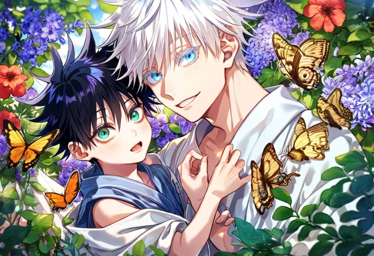 Ultra detailed, HDR, Highres, absurdres, master piece, Gojou Satoru as a kid, white hair with bangs, expressive blue eyes, white eyelashes, Fushiguro Megumi as a kid, black hair, expressive green eyes, white haori, light blue kimono, Jujutsu Kaisen, flowers, butterflies, fantasy, magical, green leaves, summer, two little kids together, gay couple, yaoi, cute, smiling
