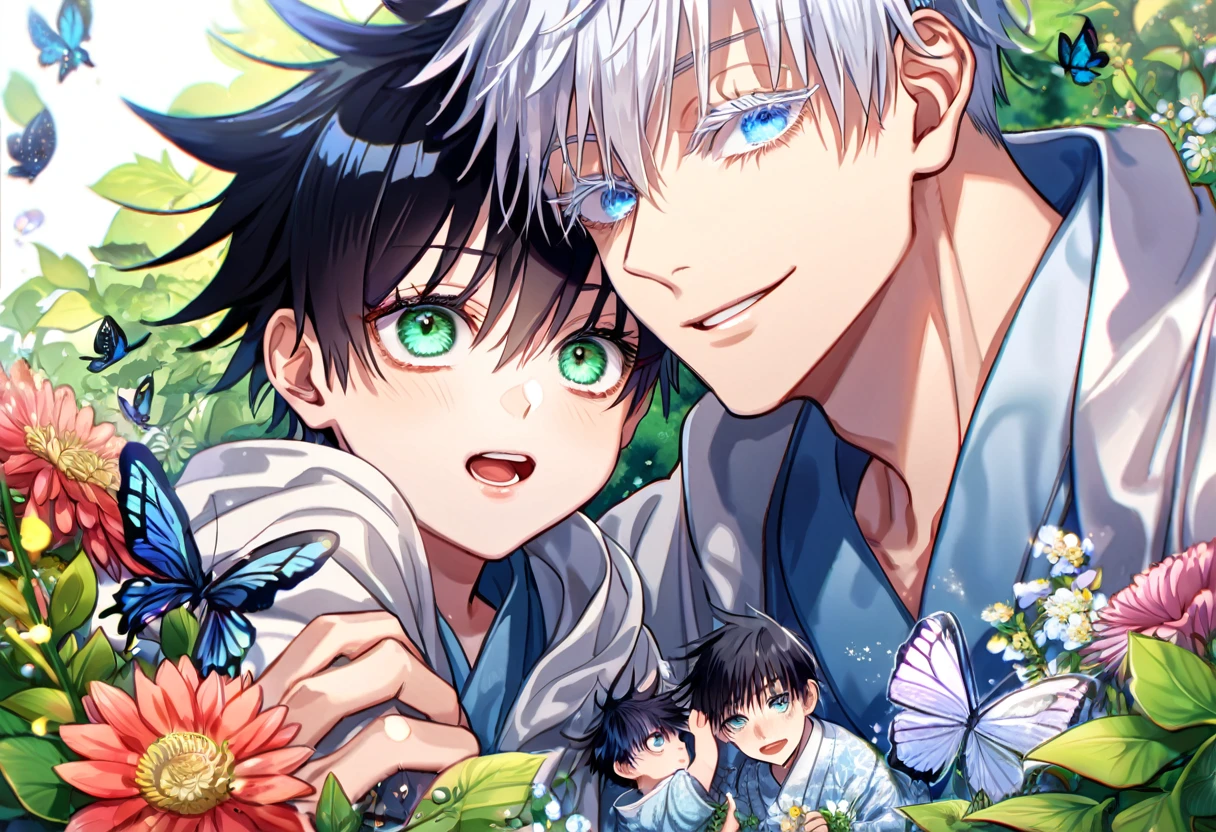 Ultra detailed, HDR, Highres, absurdres, master piece, Gojou Satoru as a kid, white hair with bangs, expressive blue eyes, white eyelashes, Fushiguro Megumi as a kid, black hair, expressive green eyes, white haori, light blue kimono, Jujutsu Kaisen, flowers, butterflies, fantasy, magical, green leaves, summer, two little kids together, gay couple, yaoi, cute, smiling