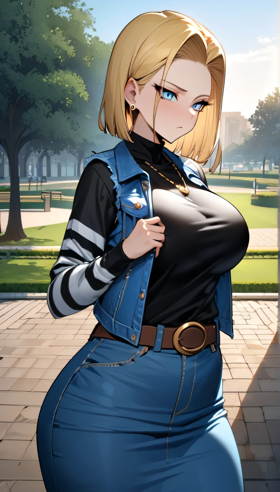Highest quality, High resolution, AND18, One girl, Android 18, alone, Blonde, blue eyes, belt, Tight blue denim skirt, Gold Necklace, Black Shirt, short hair, Long sleeve, Striped sleeves, Earrings, Open Vest, Blue Denim Vest, Huge breasts, Cowboy Shot, City Park, Straight, (weather: it's raining), Sitting, full length pantyhose, Ruins of the battle, Very wide hips, Torn clothes, Sexy smile, Deep valley, Huge wide round ass,
