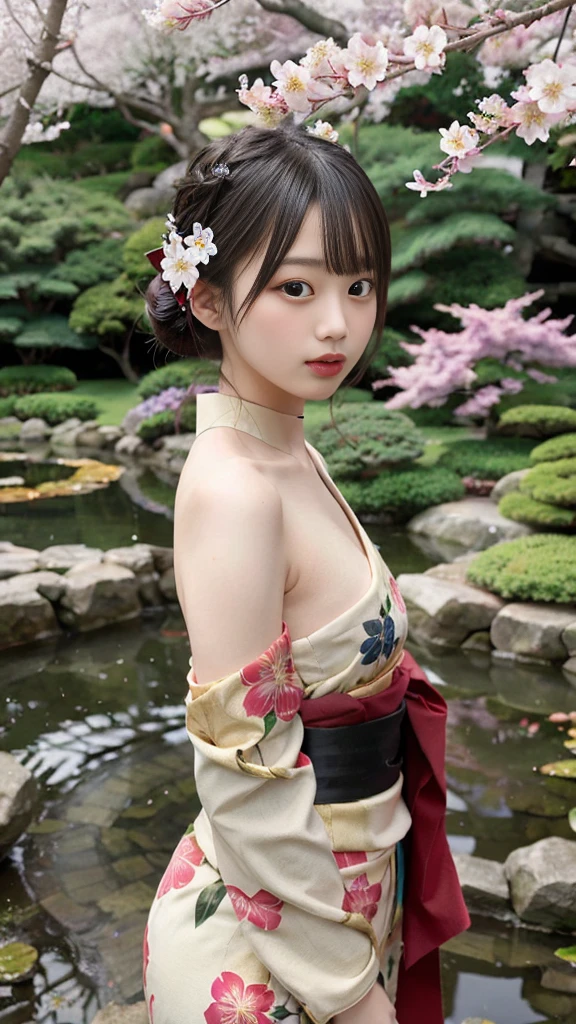 Create an image of a 20-year-old Japanese woman with traditional beauty. She has long black hair, styled in a classic updo, and is wearing a vibrant red kimono with intricate gold patterns. The background features a serene Japanese garden with cherry blossoms in full bloom. Only the woman is in the image.