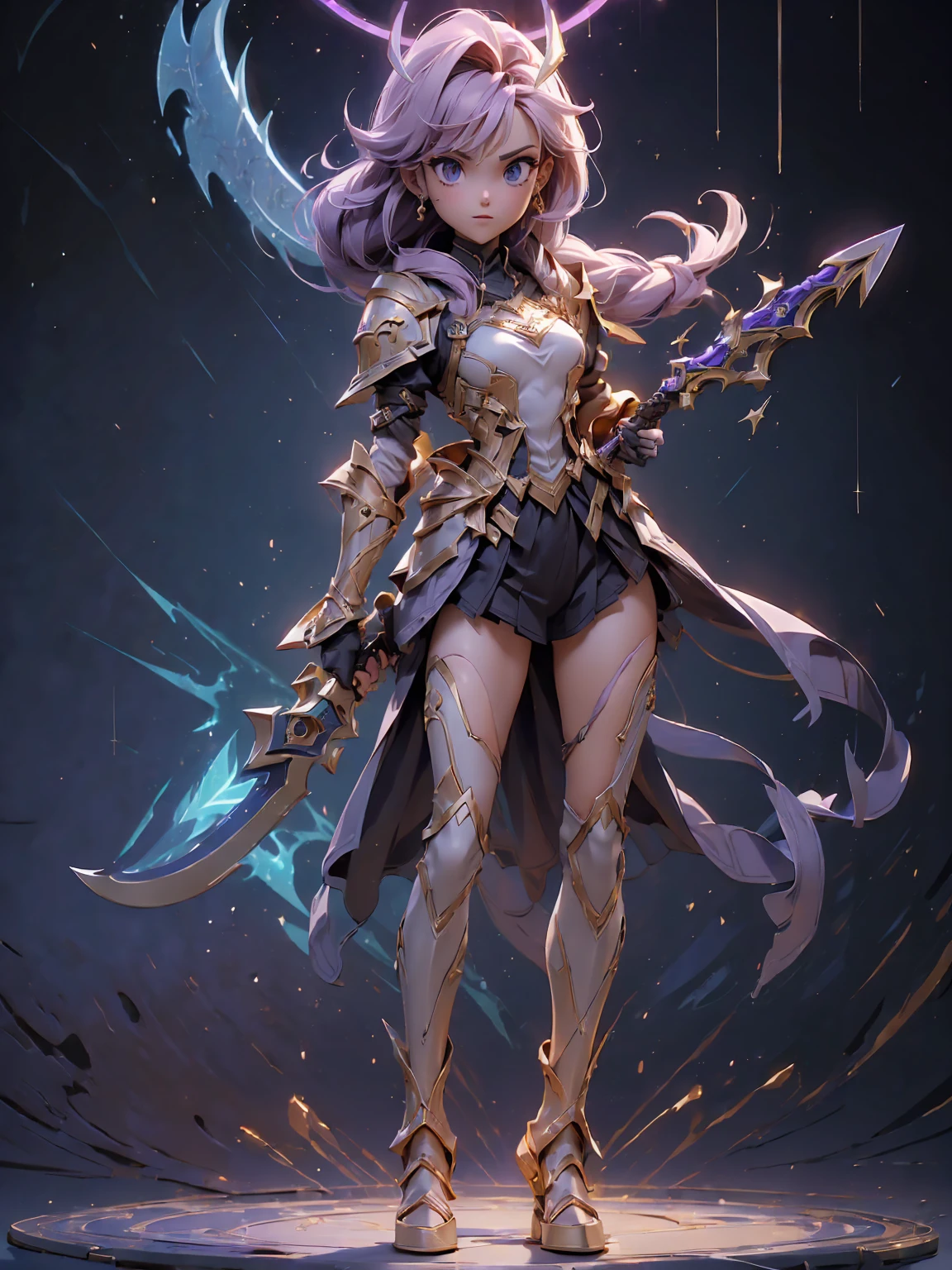 Design a layout showcase Gaming character, (1girl). 
Golden+Purple clothes, stylish and unique. 
((showcase weapon:1.4)), magic staff. 
(masterpiece:1.2), (best quality), 4k, ultra-detailed. 
(Step by step design, layout art:1.5), (luminous lighting, atmospheric lighting). 
magican, ((glove full hands)), (((revealing clothes:1.3))), vambraces, armored legwear, (((full_body_shot:1.4))). 
[Happy:0.5], [Determined:0.5], right-facing.