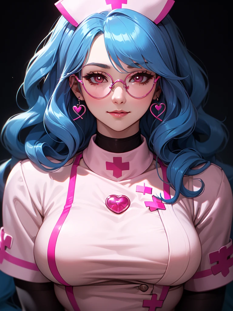 (((Portrait Photo))), She has the Appearance of a Caring and Professional Young Nurse, with a Voluptuous Figure that Radiates Kindness and Competence. Her Long, Wavy Blue Hair is Elegantly Styled, Falling Gracefully Over Her Shoulders and Framing Her Gentle Face. Her Large, Red Eyes, Enhanced by Glasses, Reflect a Deep Compassion and Warmth, Inviting Trust and Comfort. Her Expression is Soft and Understanding, with a Hint of a Smile that Conveys Reassurance and Dedication. (((Portrait Photo))), (((Dark Background))), (((Sexy Pink Nurse's Uniform Accentuates Her Curves))), (((Heart-shaped Pupils))), (((Long Wavy Blue Hair))), (((Circular Glasses)))
