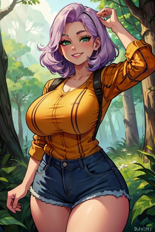 Perfect face. Perfect hands. A light purple haired woman with green eyes and an hourglass figure wearing a  plaid shirt and daisy dukes is hiking in the woods with a big smile.
