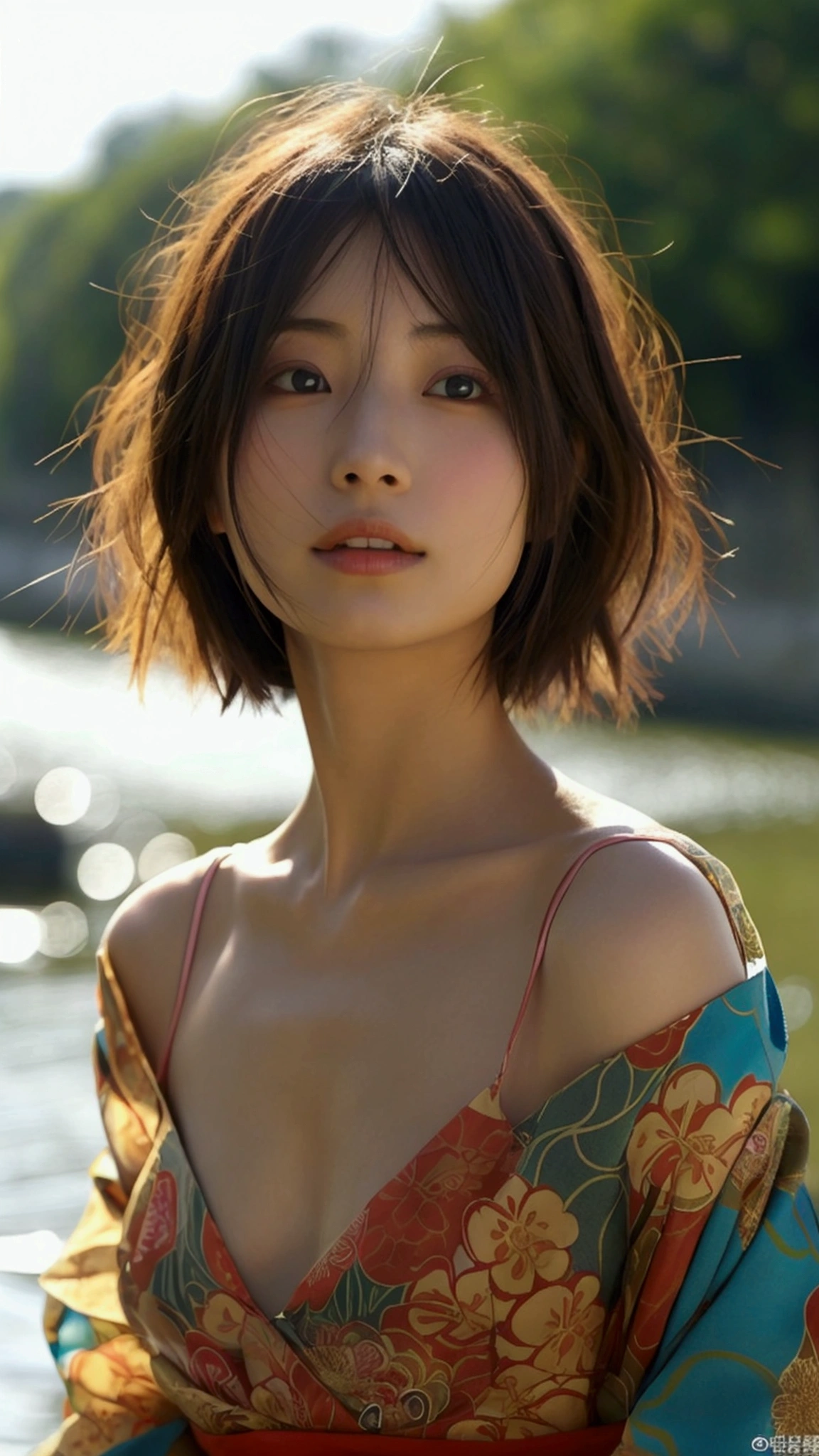 Japanese women、Clothes that do not expose skin、summer、river、Close-up of face and chest、short hair