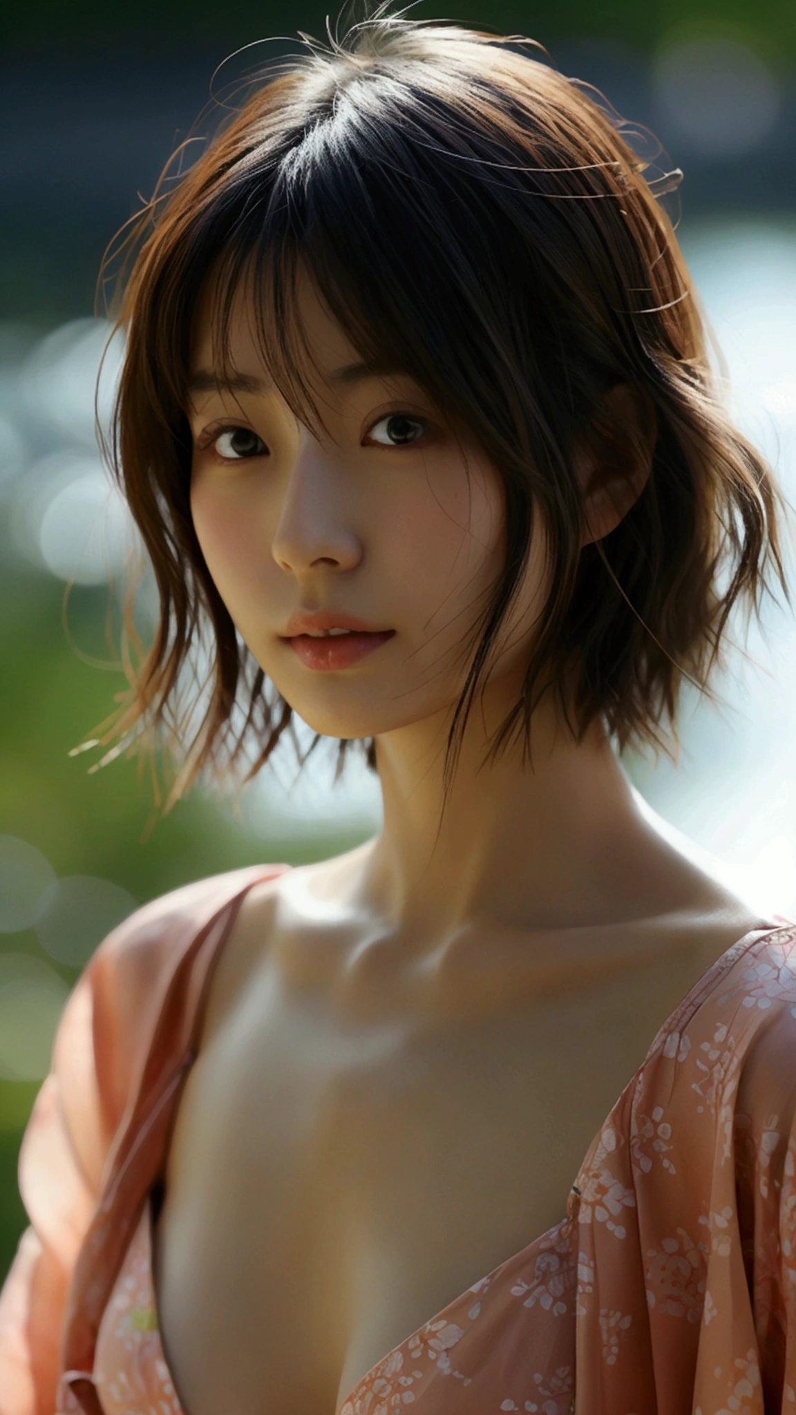 Japanese women、Clothes that do not expose skin、summer、river、Close-up of face and chest、short hair