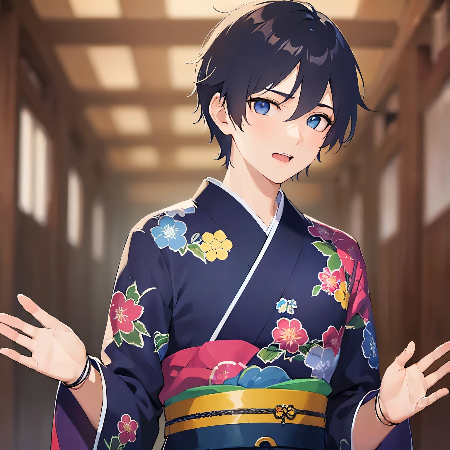 (25-year-old male:1.5) and(Black short hair) and (blue eyes), (looking away:1.5), upper body、(waving hands:1.5), masterpiece、Highest quality、 (Blue) and (yukata),open mouth,blush,The background is a Japanese-style corridor at night