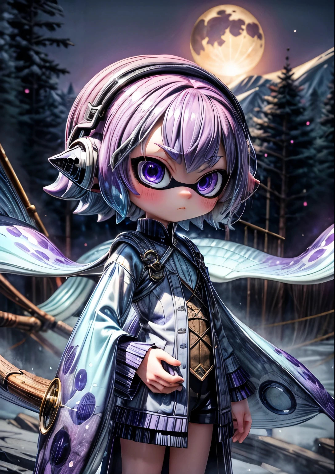 High resolution, masterpiece, Highest quality、real anime、3d、1 Splatoon girl,、Embarrassed、Purple Hair、Inner colorlight blue、Gradient color hairstyle, diagonal bangs, Asymmetrical bangs, short hair、Asymmetrical Short、slacks、Wear warm clothes、Odd Eye、Heterochromia of the iris、Attractive eyes、20-year-old、adult、headphone、music、magic、Fallen Angel、Fantasy、Moon God、vivid、Scythe、Crescent Scythe