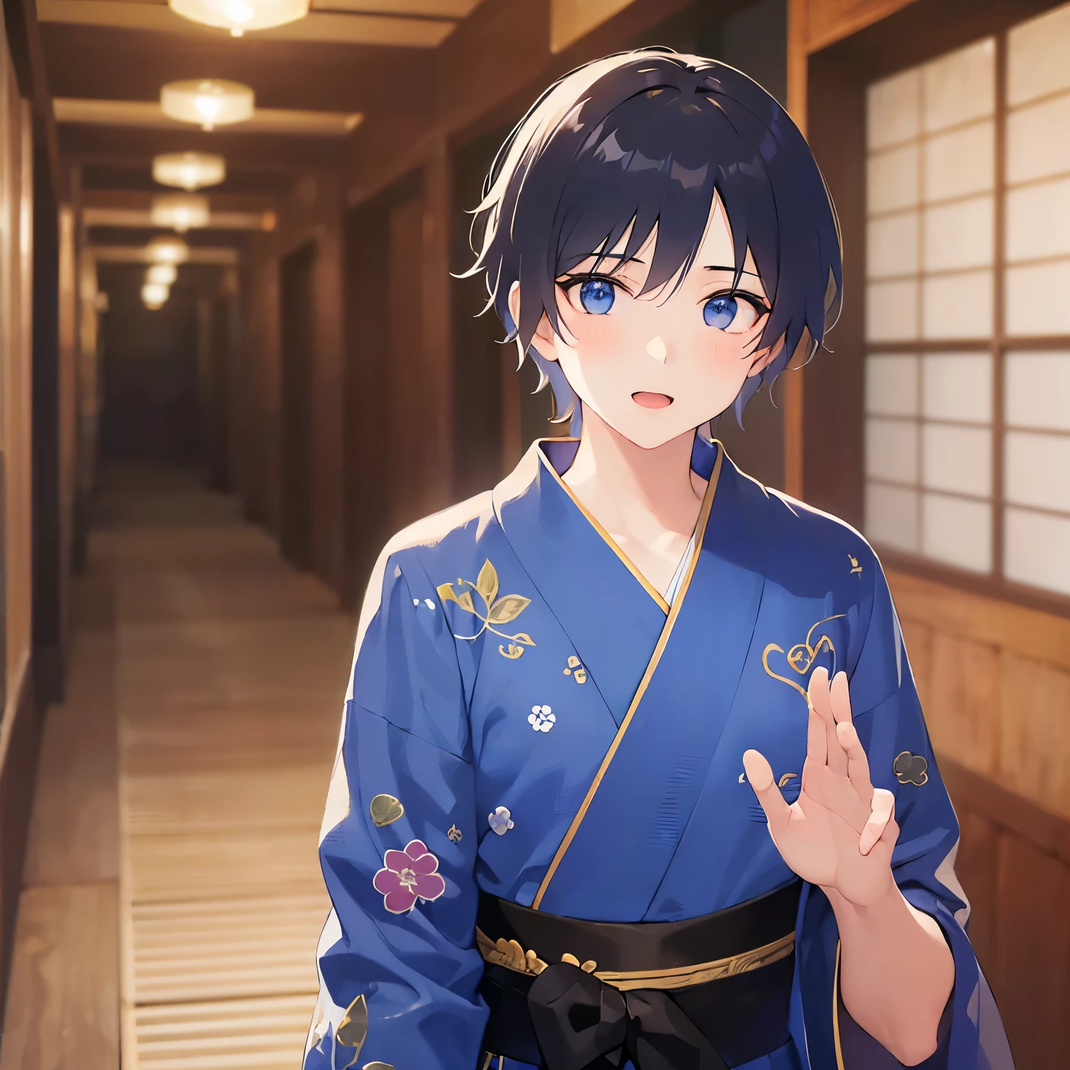 (25-year-old male:1.5) and(Black short hair) and (blue eyes), (looking away:1.5), upper body、(waving hands:1.5), masterpiece、Highest quality、 (Blue) and (yukata),open mouth,blush,The background is a Japanese-style corridor at night