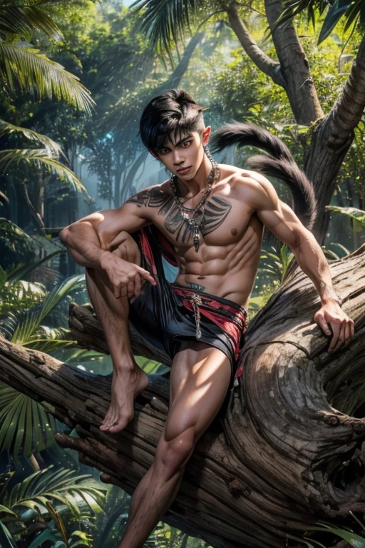 ((adolescent masculino)), ((ultra realisitic)), ((picture-perfect)), ((face perfect)), ((ultra detaild)), ((fully body)), ((adolescent)), a boy with pointy ears and a feline tail, medium black hair, sharp claws, with longer canine teeth, in indigenous clothes, on top of a large tree trunk, fully body na imagem