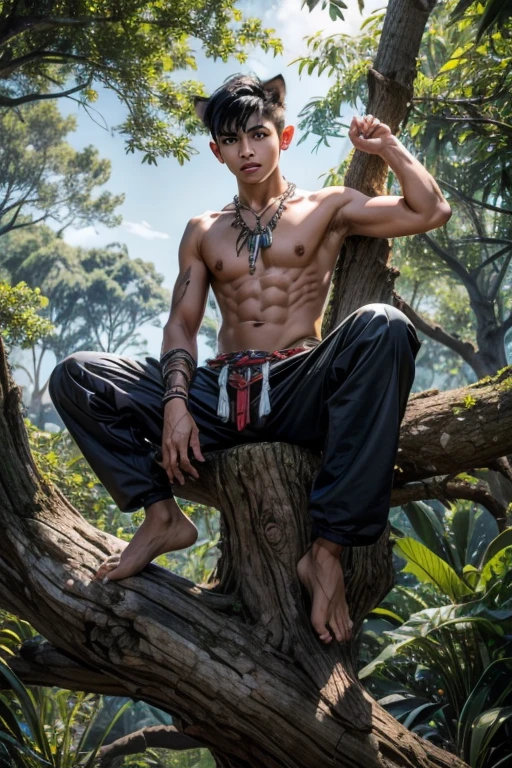 ((adolescent masculino)), ((ultra realisitic)), ((picture-perfect)), ((face perfect)), ((ultra detaild)), ((fully body)), ((adolescent)), a boy with pointy ears and a feline tail, medium black hair, sharp claws, with longer canine teeth, in indigenous clothes, on top of a large tree trunk, fully body na imagem