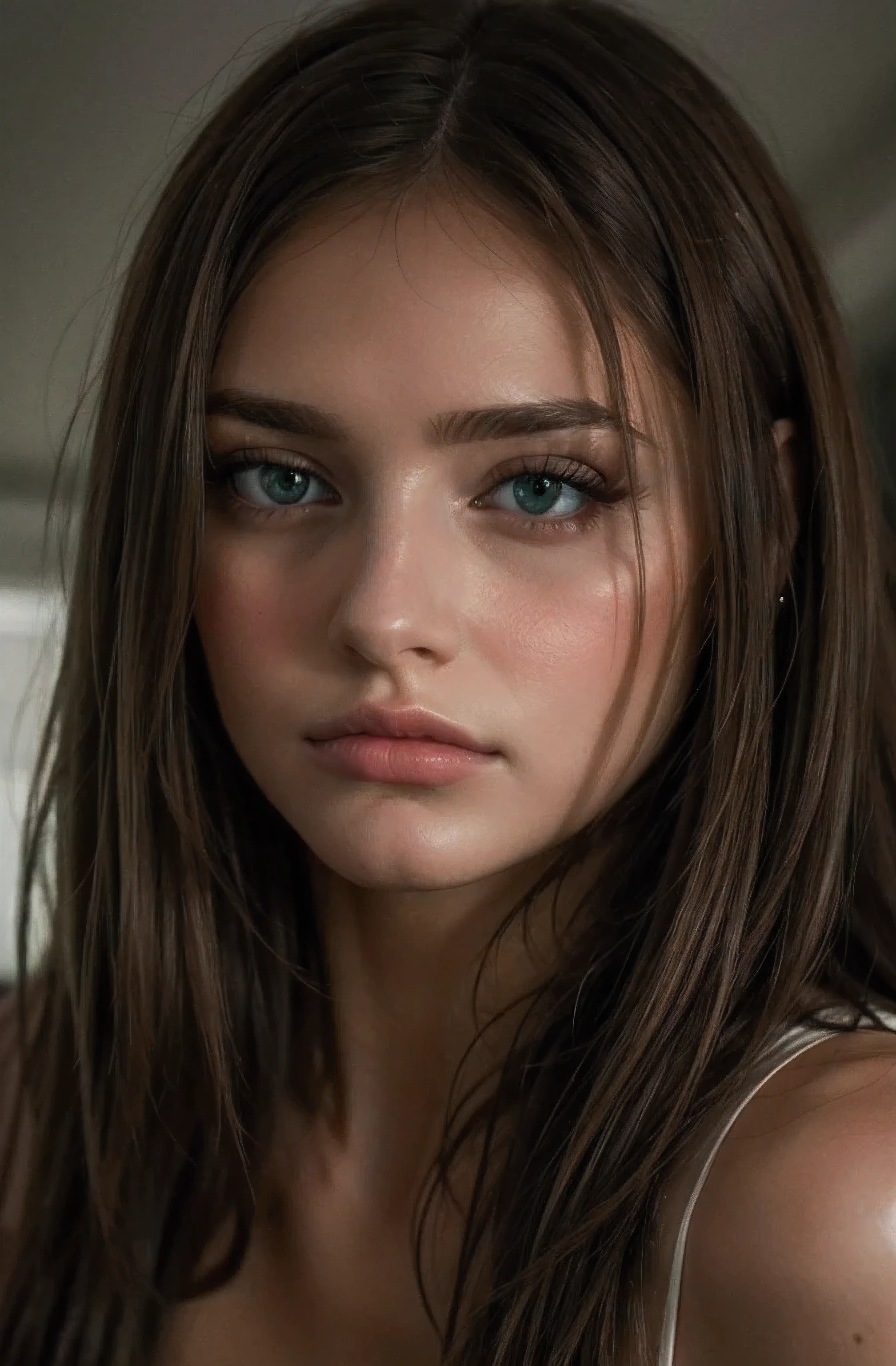 close-up photo of girl, chiaroscuro portraits, soft and dreamy, beautiful, grim realism, supernatural realism, mc-sara, green eyes, Brown hair, parts, 