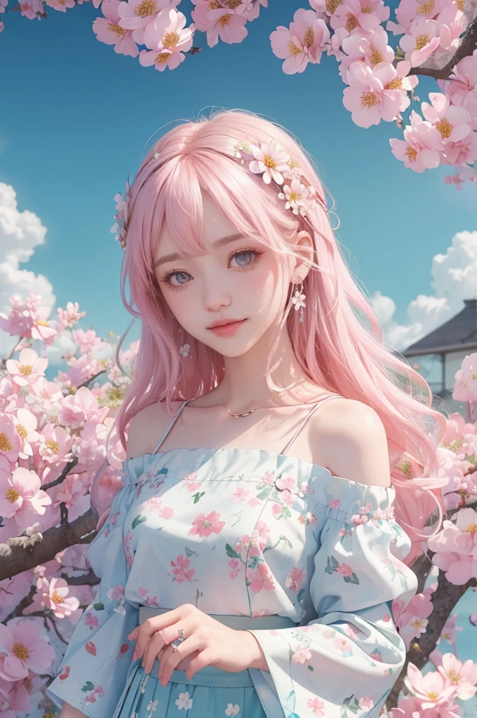 japanese_开florals, case_florals petal, florals petal, branch, florals, 1 girl,20yr old, Blue_Skysky, springtime_\(seasShow on the\), florals petal_Show on the_liquids, florals, florals, a skirt, (LShow on theg curly blShow on thede hair:1.5), Wear florals ring, externalsk,Cloudy bangs,ssmile,a Pink eyes,White a skirt embellished with cherrie 开florals,shoulder,ear nipple ring,Best quality。perfect image quality。fail_florals,wind,that tree,lookingat_Show on the_peeping at the viewer,cow boy shot,Detail Enhancement。