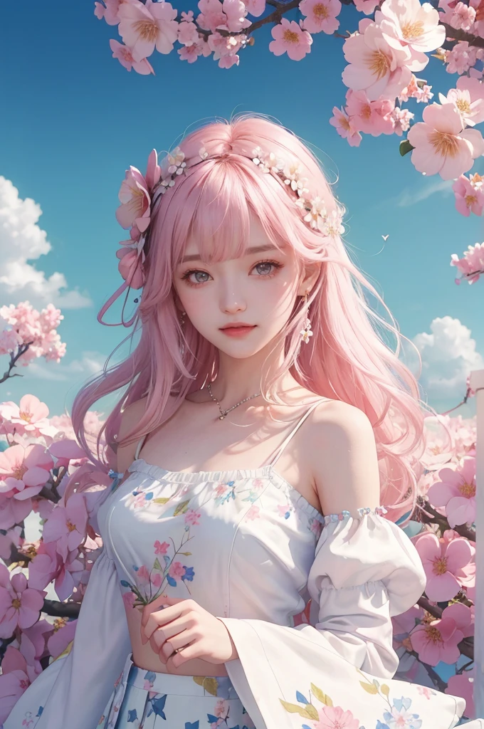 japanese_开florals, case_florals petal, florals petal, branch, florals, 1 girl,20yr old, Blue_Skysky, springtime_\(seasShow on the\), florals petal_Show on the_liquids, florals, florals, a skirt, (LShow on theg curly blShow on thede hair:1.5), Wear florals ring, externalsk,Cloudy bangs,ssmile,a Pink eyes,White a skirt embellished with cherrie 开florals,shoulder,ear nipple ring,Best quality。perfect image quality。fail_florals,wind,that tree,lookingat_Show on the_peeping at the viewer,cow boy shot,Detail Enhancement。