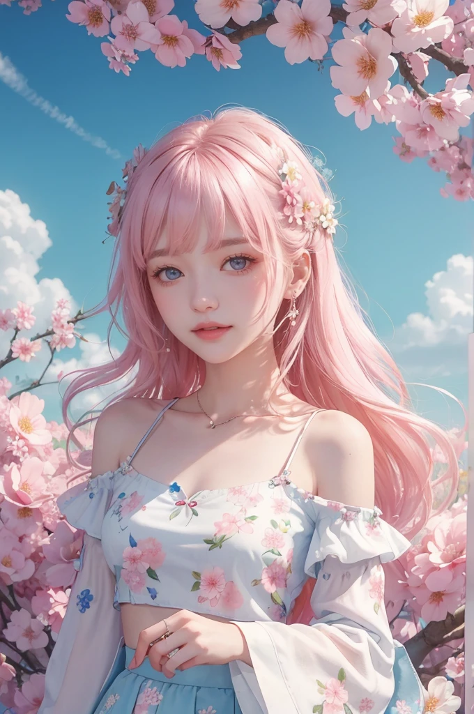 japanese_开florals, case_florals petal, florals petal, branch, florals, 1 girl,20yr old, Blue_Skysky, springtime_\(seasShow on the\), florals petal_Show on the_liquids, florals, florals, a skirt, (LShow on theg curly blShow on thede hair：1.5), Wear florals ring, externalsk，Cloudy bangs，ssmile，a Pink eyes，White a skirt embellished with cherrie 开florals，shoulder，ear nipple ring，Best quality。perfect image quality。fail_florals，wind，that tree，lookingat_Show on the_peeping at the viewer，cow boy shot，Detail Enhancement。