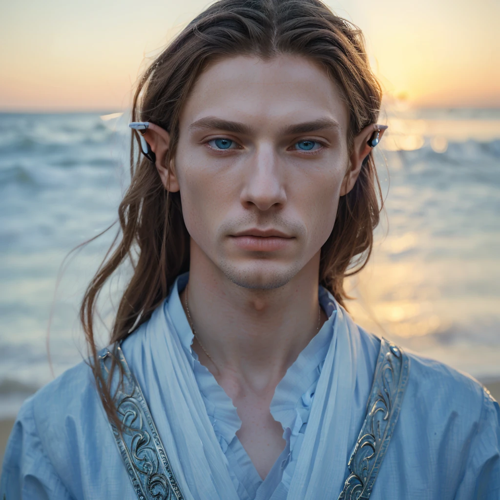 man with long hair and blue eyes standing on the beach, fantasy male portrait, soft portrait shot 8 k, portrait of a slender elven man, beautiful androgynous prince, a portrait of a male elf, attractive androgynous humanoid, delicate androgynous prince, beautiful male elf, close - up portrait shot, matte painting portrait shot