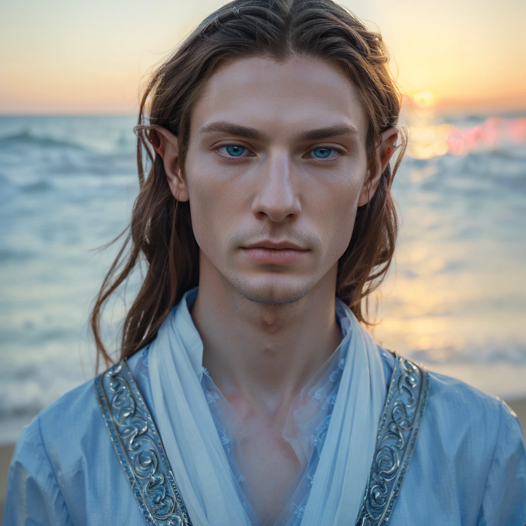 man with long hair and blue eyes standing on the beach, fantasy male portrait, soft portrait shot 8 k, portrait of a slender elven man, beautiful androgynous prince, a portrait of a male elf, attractive androgynous humanoid, delicate androgynous prince, beautiful male elf, close - up portrait shot, matte painting portrait shot