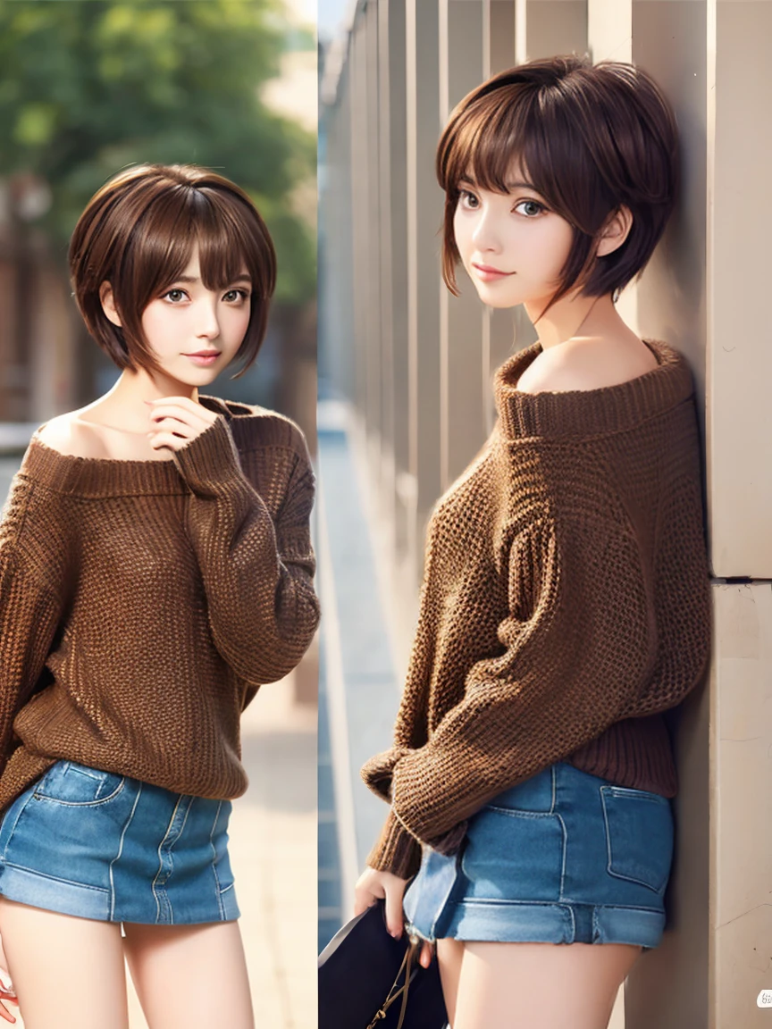Semi-realistic anime style、Slim girl with cute short cuts、wear a miniskirt、wearing a sweater、good style,pretty eyes、The hair is smooth and soft、buckshot、