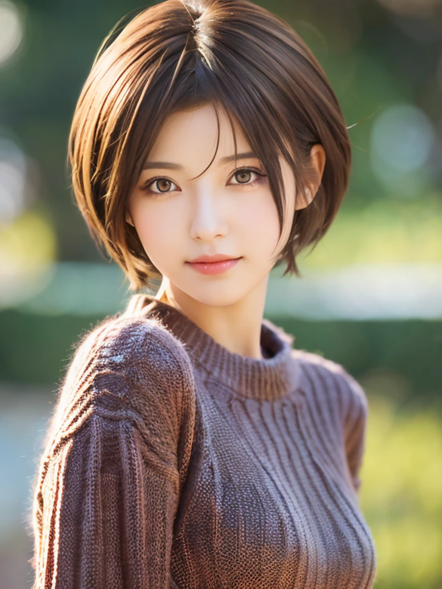 Semi-realistic anime style、Slim girl with cute short cuts、wear a miniskirt、wearing a sweater、good style,pretty eyes、The hair is smooth and soft、buckshot、