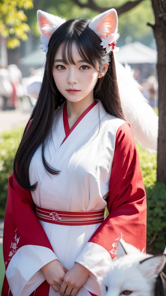 White Demon Fox、Nine-tailed Fox、Japanese women、kimono、Fair skin、Red lines on face、8K、I have long hair